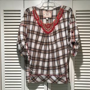 Chelsea & Violet Plaid Top 3/4 Sleeve Size Medium
